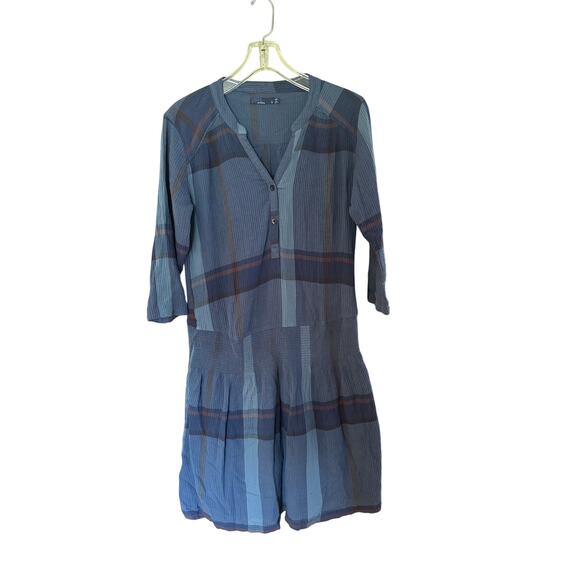 prAna SugarPine Crinkle Gauze Organic Cotton Blue Plaid Blouson Dress small Blue - Picture 3 of 7